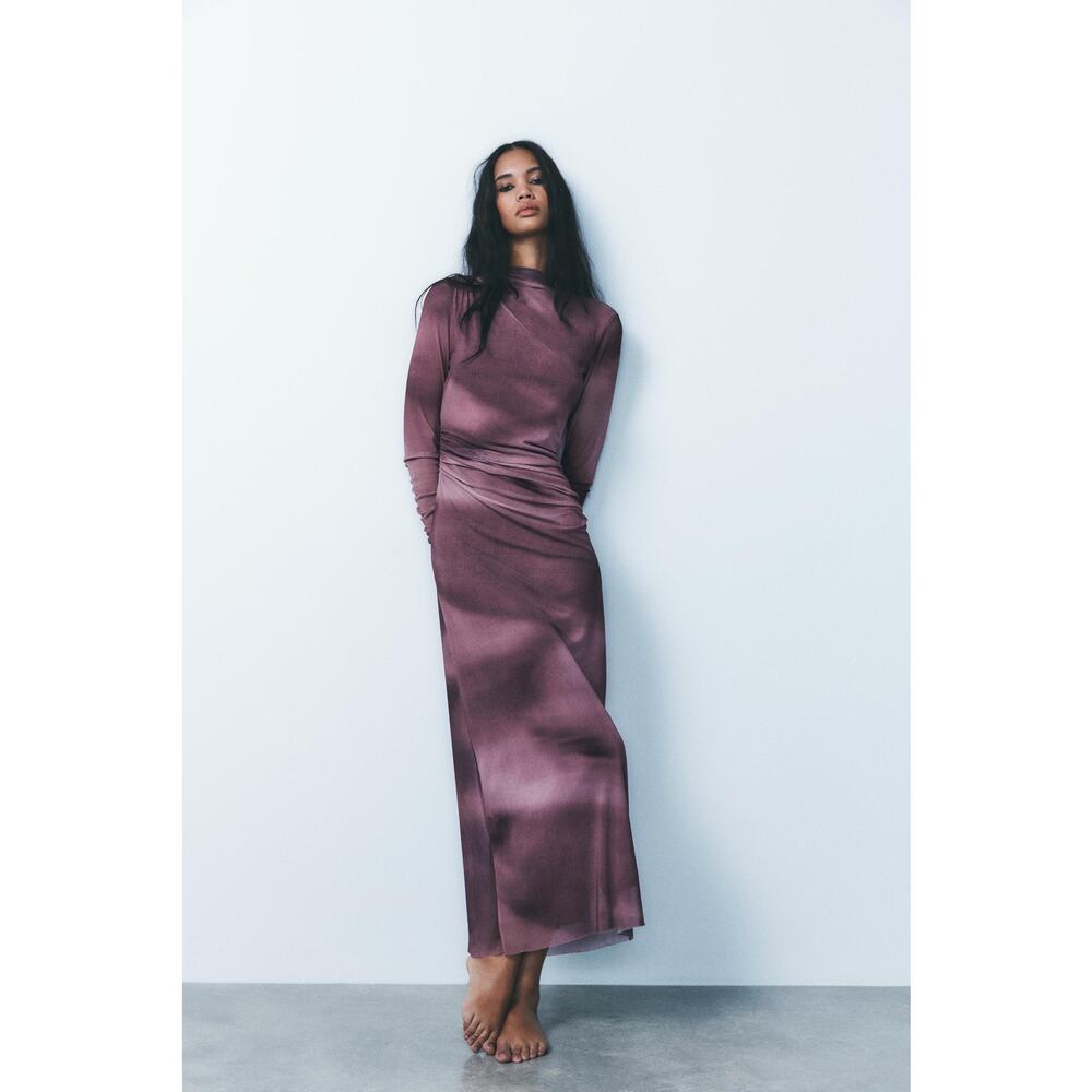 Zara Draped Tulle Dress Purple/Burgundy Tie-Dye Print Size L Large